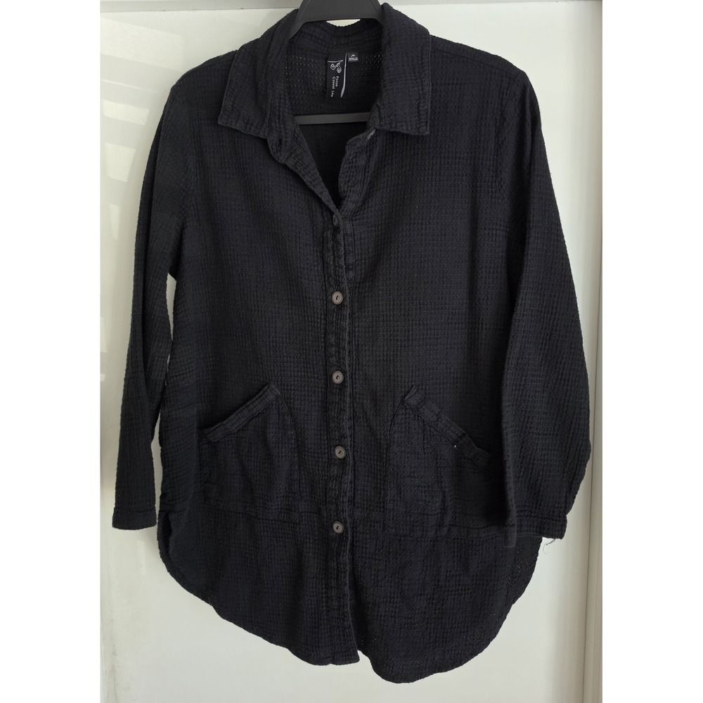 Focus Casual Life Women M Black 100% Cotton Waffle Knit Long Sleeve Top Shirt